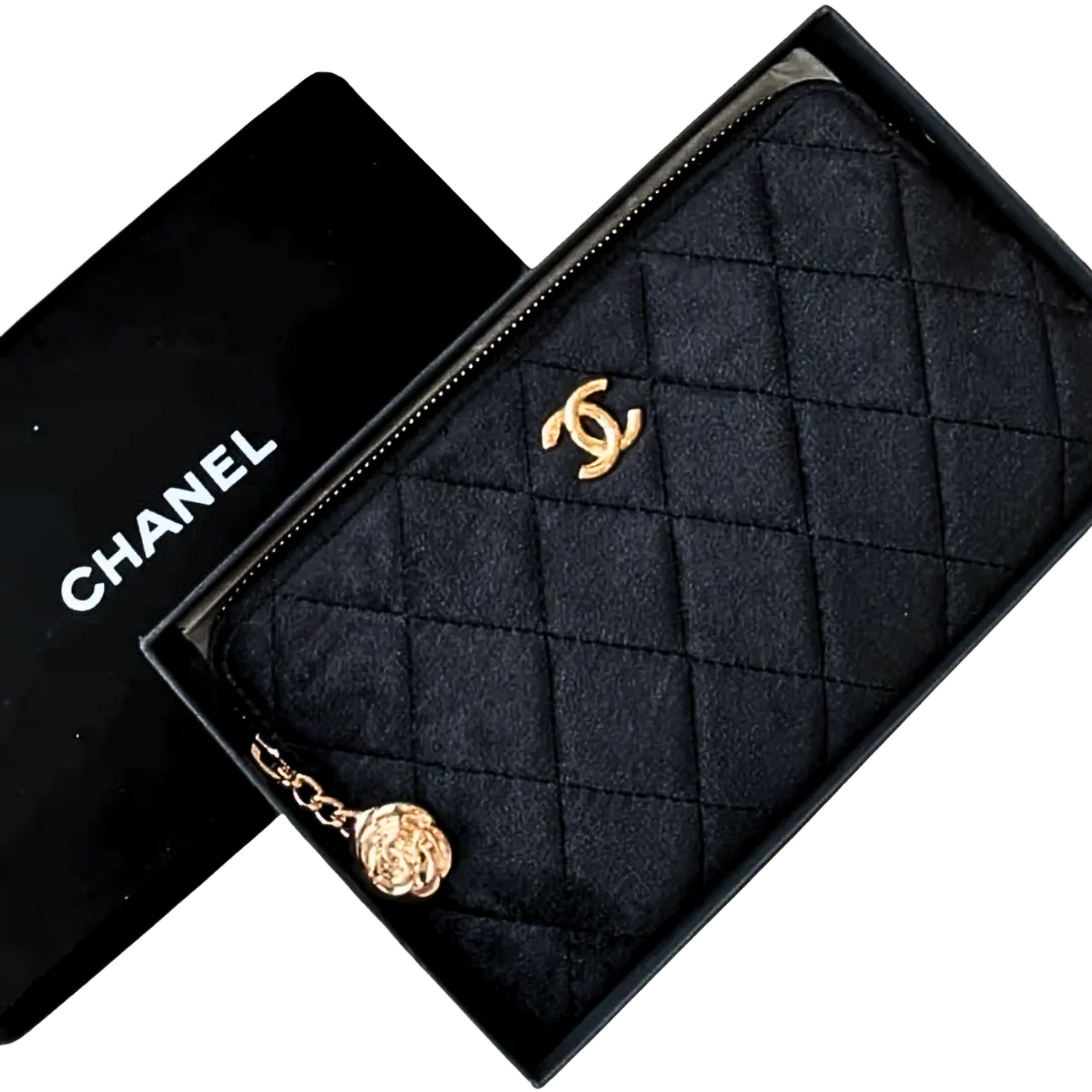 CHANEL Beauty Velvet Pouch with Gold Camellia Chain - Black